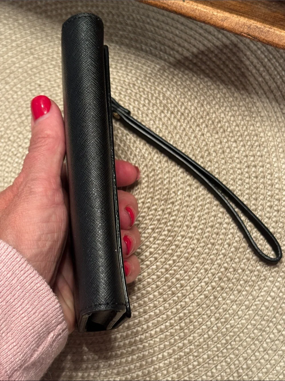 kate spade Black Saffiano Leather Wristlet Clutch with Gold Logo